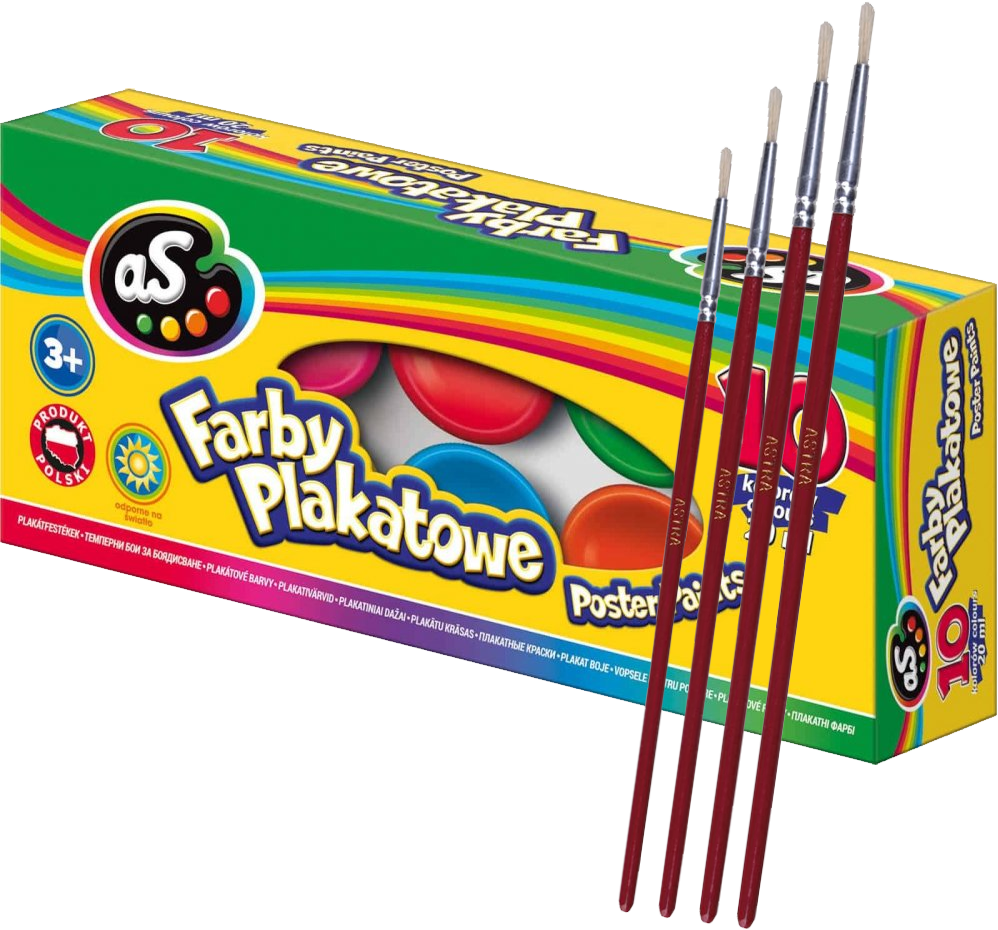 Zestaw: Farby plakatowe Astra AS, 20ml, 10 sztuk + Pędzel szkolny okrągły Astra, nr 14, nr 12, nr 1, nr 4