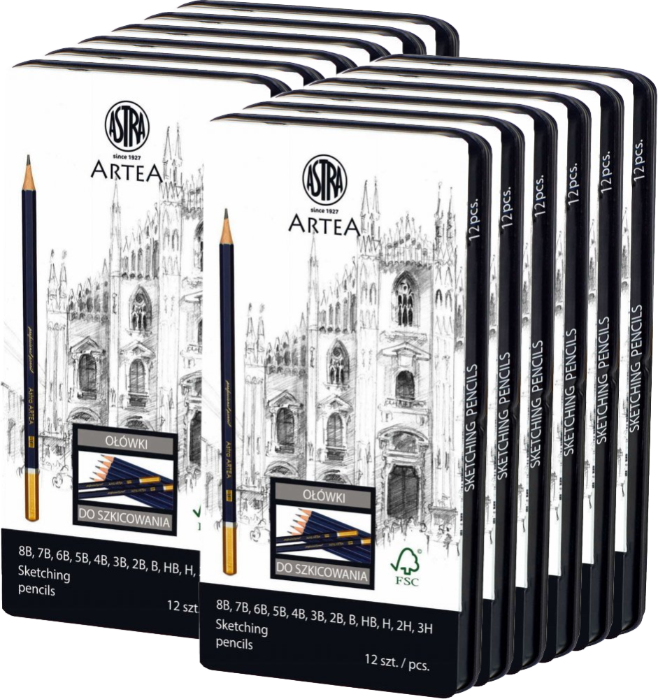 12x Ołówki do szkicowania Astra Artea, w metalowym pudełku, mix 12 sztuk