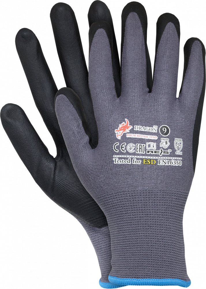 Rękawice antyelektrostatyczne Dragon ESD, do prac z ekranami dotykowymi, rozmiar 9, szaro-czarny