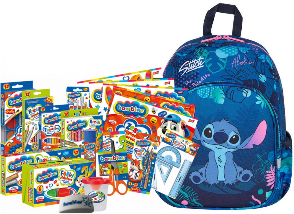 Zestaw: Plecak dla przedszkolaka CoolPack Toby Stitch + Wyprawka szkolna Bambino, 18-elementów