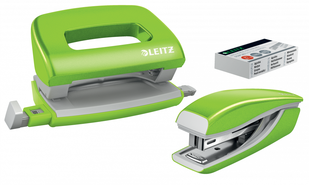 Zestaw zszywacz i dziurkacz Leitz Mini NeXXt Wow, metalowy, zielony