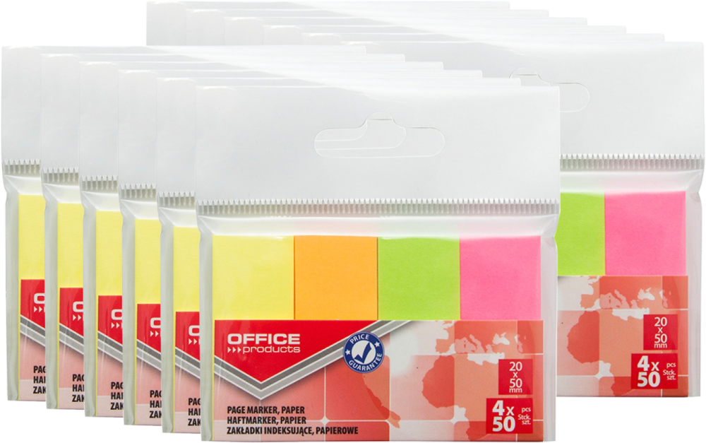 12x Zakładki samoprzylepne Office Products, proste, indeksujące , papier, 20x50mm, 4x50 sztuk, mix kolorów neonowych
