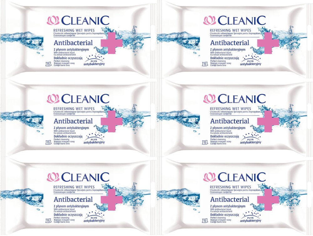 6x Chusteczki antybakteryjne Cleanic Antybacterial, 15 sztuk