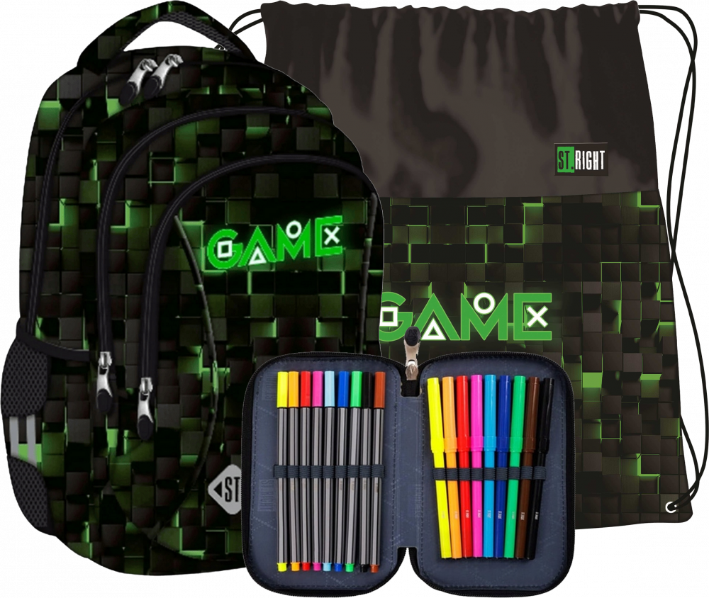 Zestaw: Plecak + piórnik z wyposażeniem + worek na buty St.Right Green Game