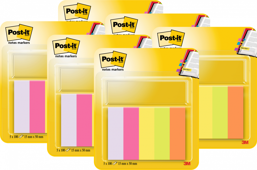 6x Zakładki samoprzylepne Post-it proste, indeksujące, papier, 15x50mm, 5x100 znaczników, mix kolorów neonowych