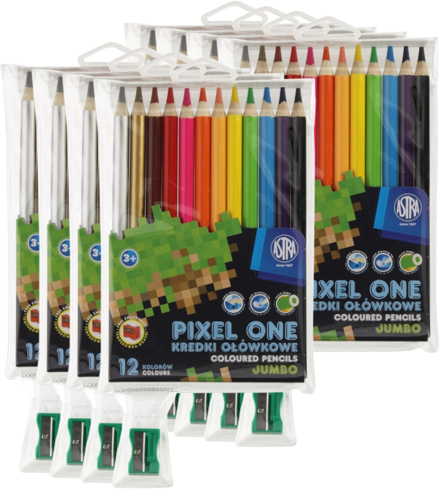 8x Kredki ołówkowe Astrakids Pixel One Jumbo okrągłe, 12 kolorów + temperówka