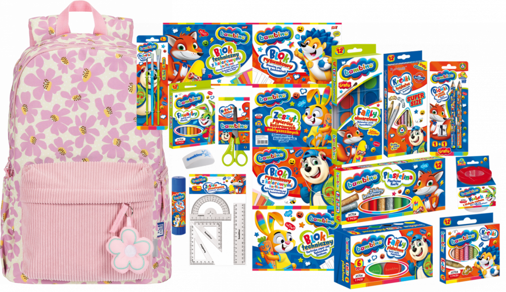 Zestaw: Plecak szkolny Oxford Bloom, jasnoróżowy + Wyprawka szkolna Bambino, 18-elementów