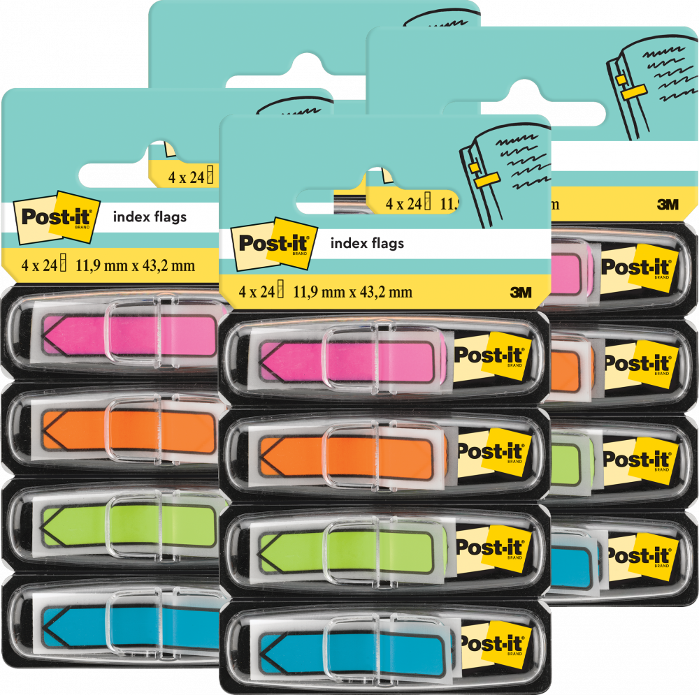 4x Zakładki samoprzylepne Post-it proste, z nadrukiem strzałki, indeksujące, folia, 12x43mm, 4x24 sztuki neonowe