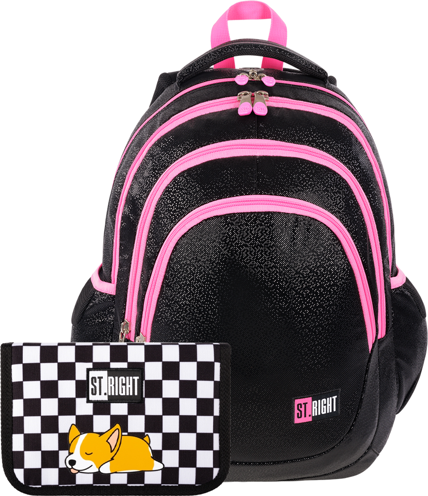 Zestaw: Plecak Black Glitter + piórnik dwuklapkowy Sleepy Corgi St.Right