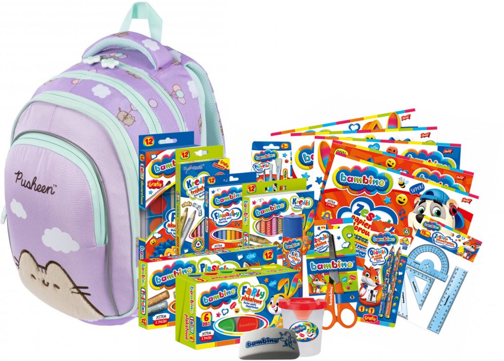Zestaw: Plecak Pusheen Violet BPL58 + wyprawka szkolna Bambino, 18-elementów