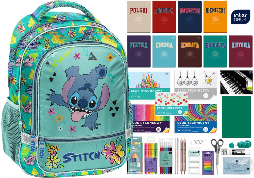 Zestaw: Plecak szkolny Paso Disney Stitch + Wyprawka szkolna Interdruk, do klas 4-8