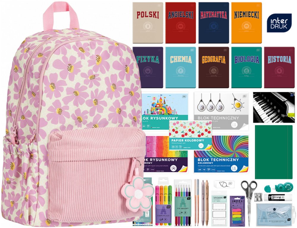 Zestaw: Plecak szkolny Oxford Bloom, jasnoróżowy + Wyprawka szkolna Interdruk, do klas 4-8