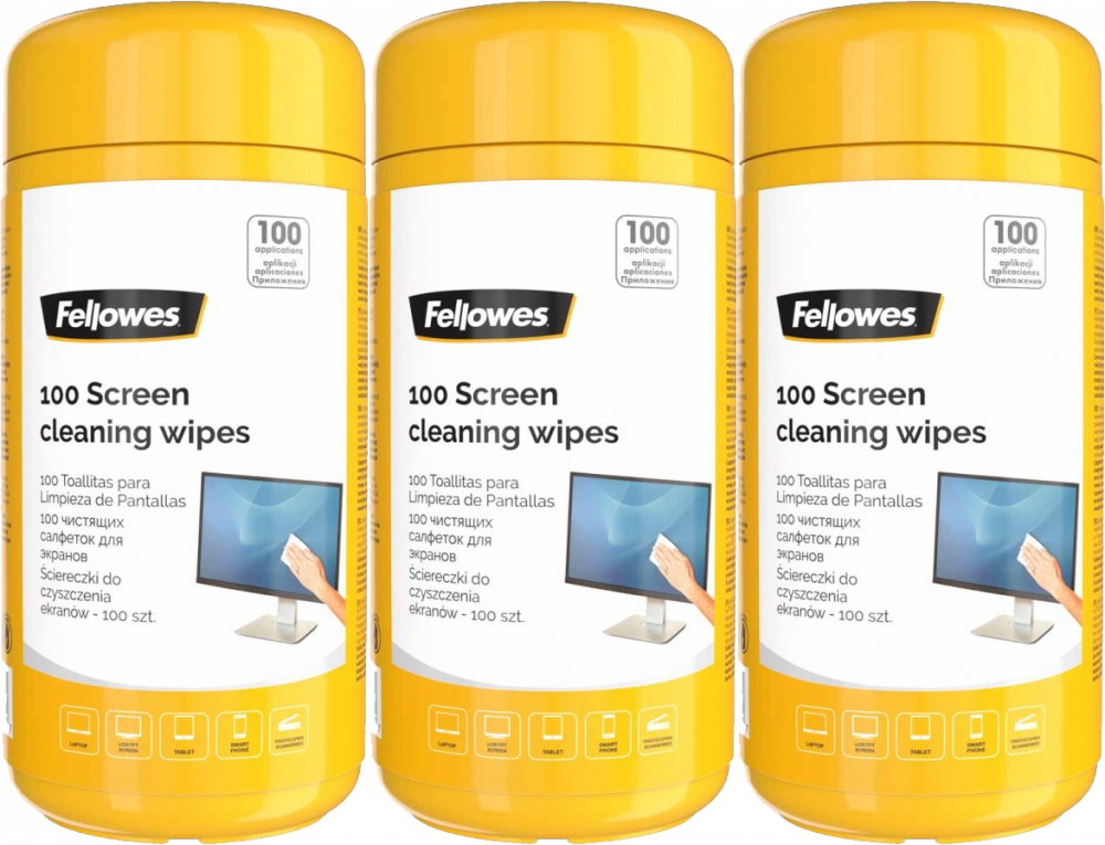 3x Chusteczki nawilżone do czyszczenia ekranu Fellowes, tuba, 100 sztuk
