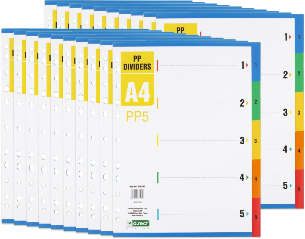20x Przekładki do segregatora D.Rect PP5, plastikowe, numeryczne, 1-5 kart, mix kolorów