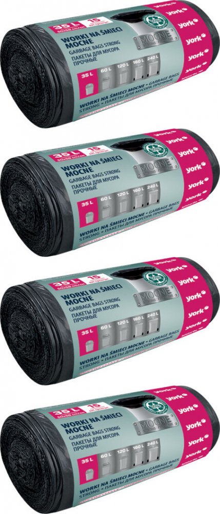4x Worki na śmieci York Mocne, na odpady zmieszane, 35l, 15 sztuk, czarny
