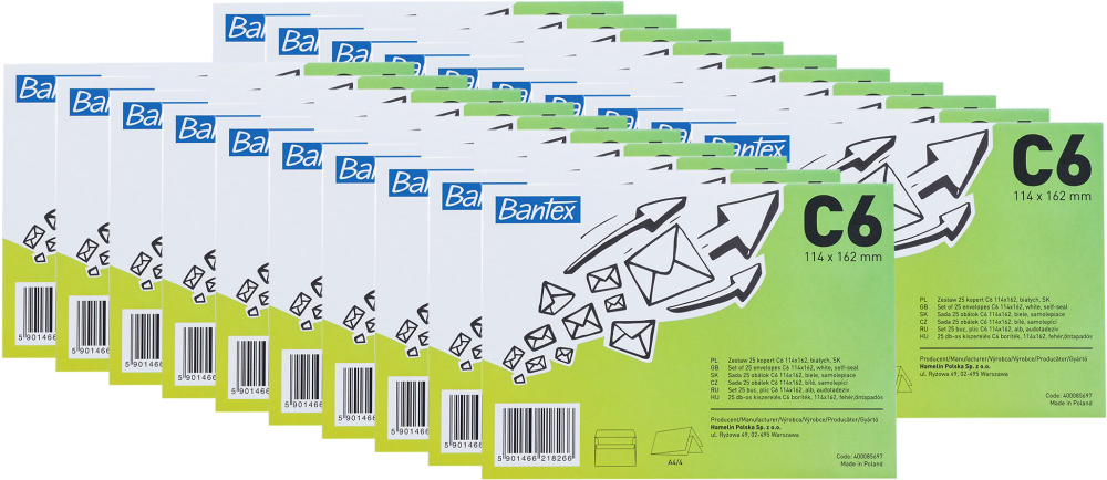 20x Koperta standardowa Bantex, C6, samoklejąca SK, 50 sztuk, biały