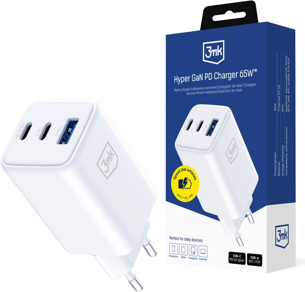 Ładowarka sieciowa 3mk Hyper GaN Charger 65W, QC4+ PD PPS, 2xUSB-C/USB-A, biały