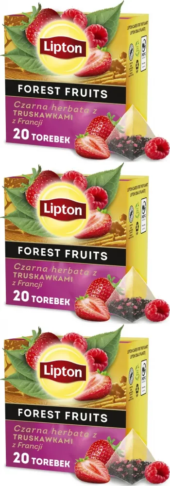 3x Herbata czarna w piramidkach Lipton, z truskawkami z Francji, 20 sztuk x 1.5g