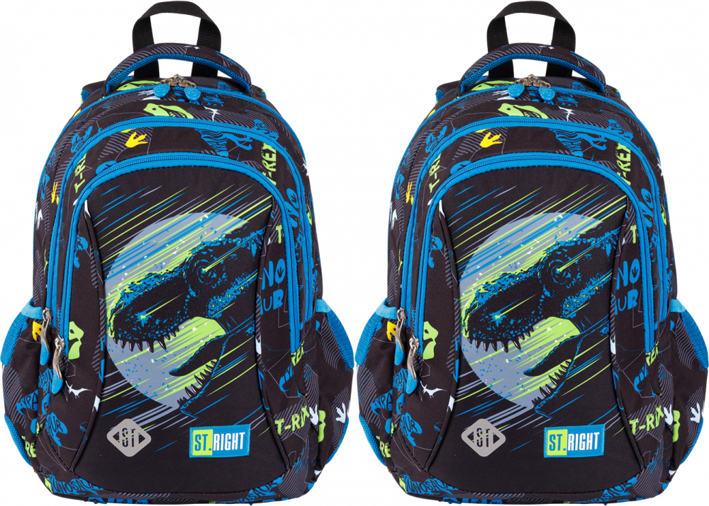 2x Plecak szkolny St.Right BP26 Dinosaur, trzykomorowy, 20l, 39x27x17cm, czarno-niebieski