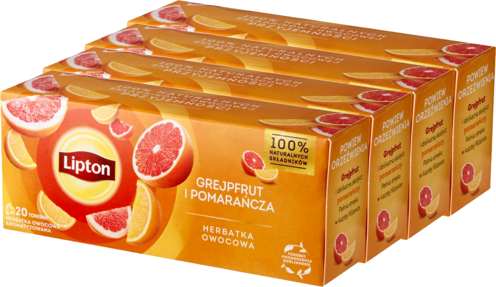 4x Herbata owocowa w torebkach Lipton, grejfrut i pomarańcza, 20 sztuk x 1.7g