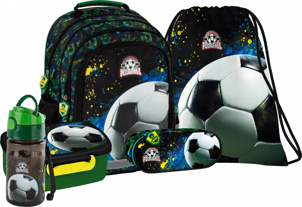 Zestaw: Plecak szkolny + piórnik saszetka + worek na buty + lunchbox + bidon na wodę Derform Piłka
