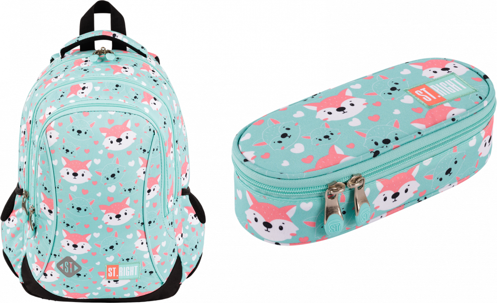 Zestaw: Plecak szkolny + Piórnik St.Right Lovely Foxy, miętowy