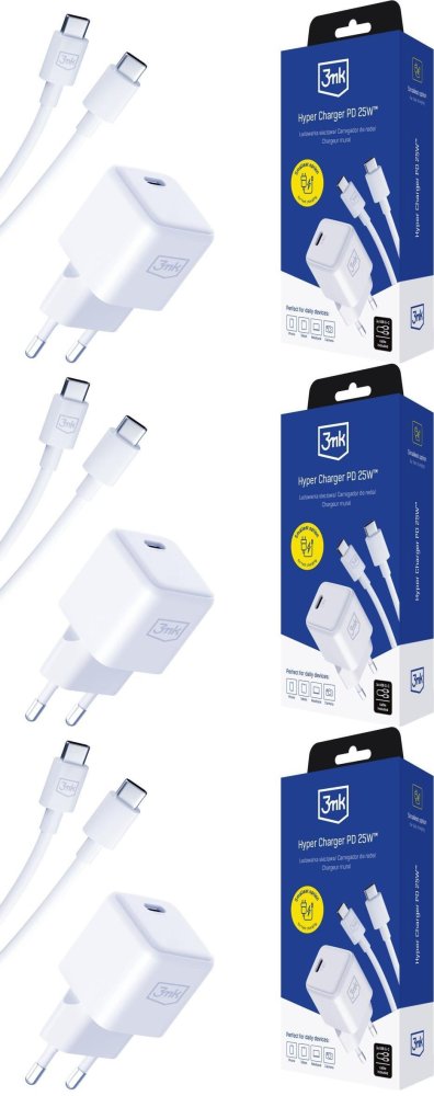 3x Ładowarka sieciowa 3mk Hyper Charger PD 25W, USB-C+ kabel USB-C, biały