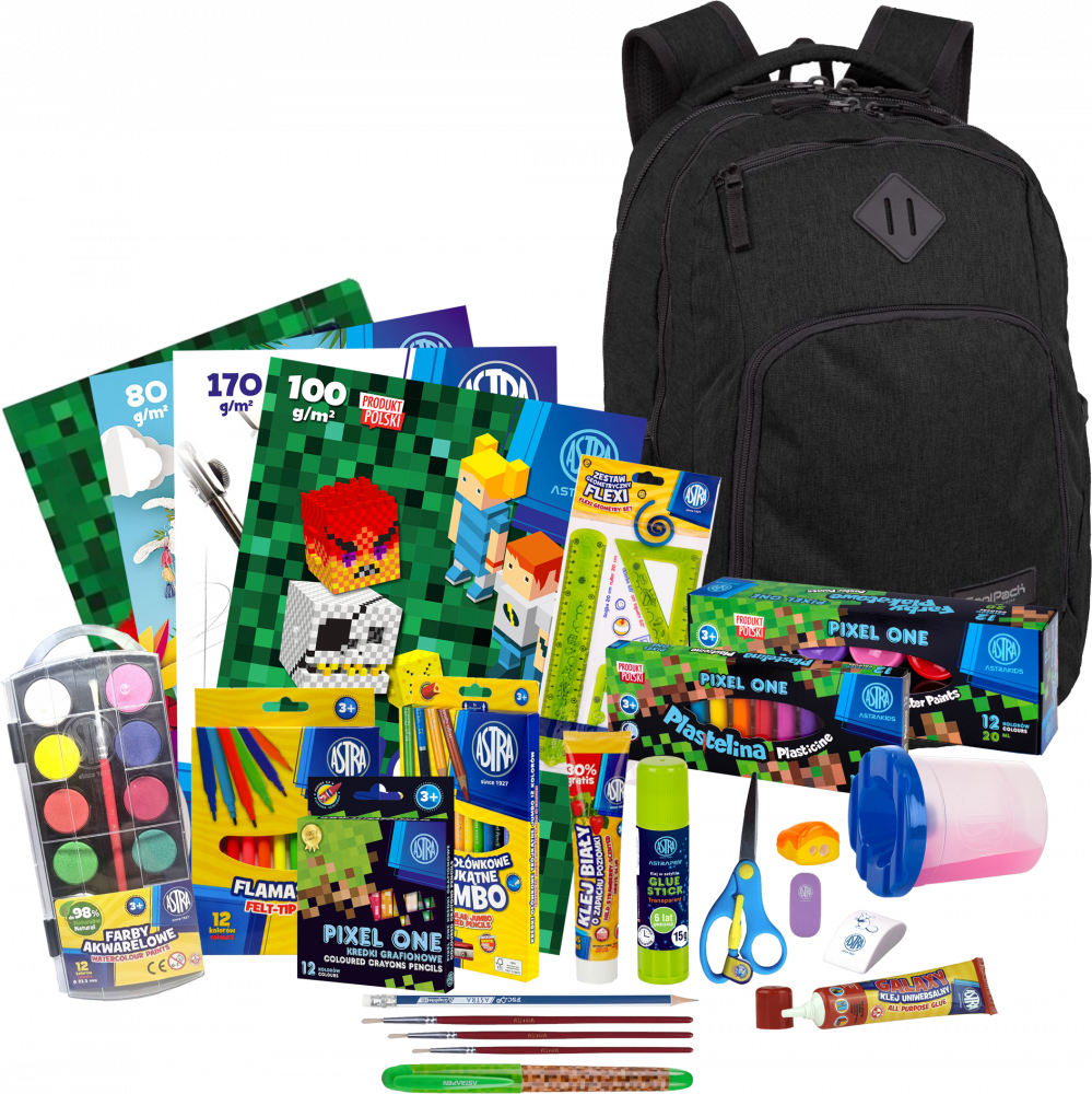 Zestaw: Plecak szkolny CoolPack Break Snow Black, dwukomorowy, 29l, 44x32x19cm, czarny + Wyprawka szkolna Astra Pixel One (XL), 27 elementów