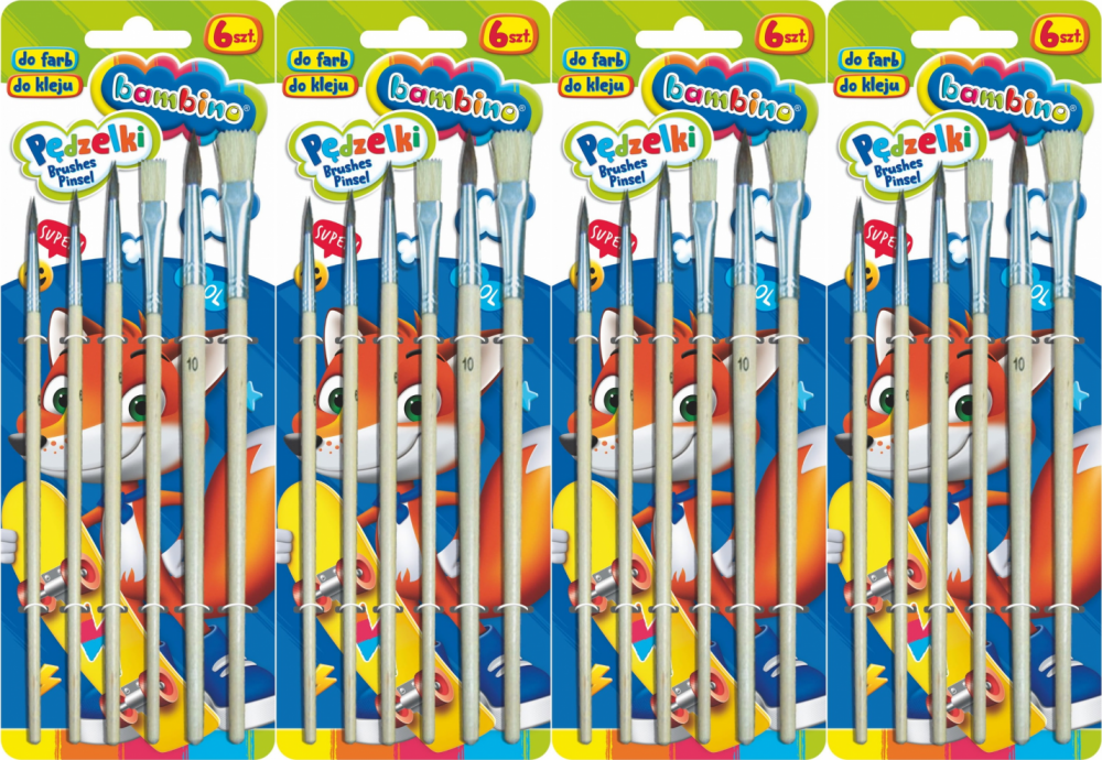 4x Zestaw pędzli Bambino Zwierzaki Uczniaki, do farb i kleju, 6 sztuk, mix rozmiarów