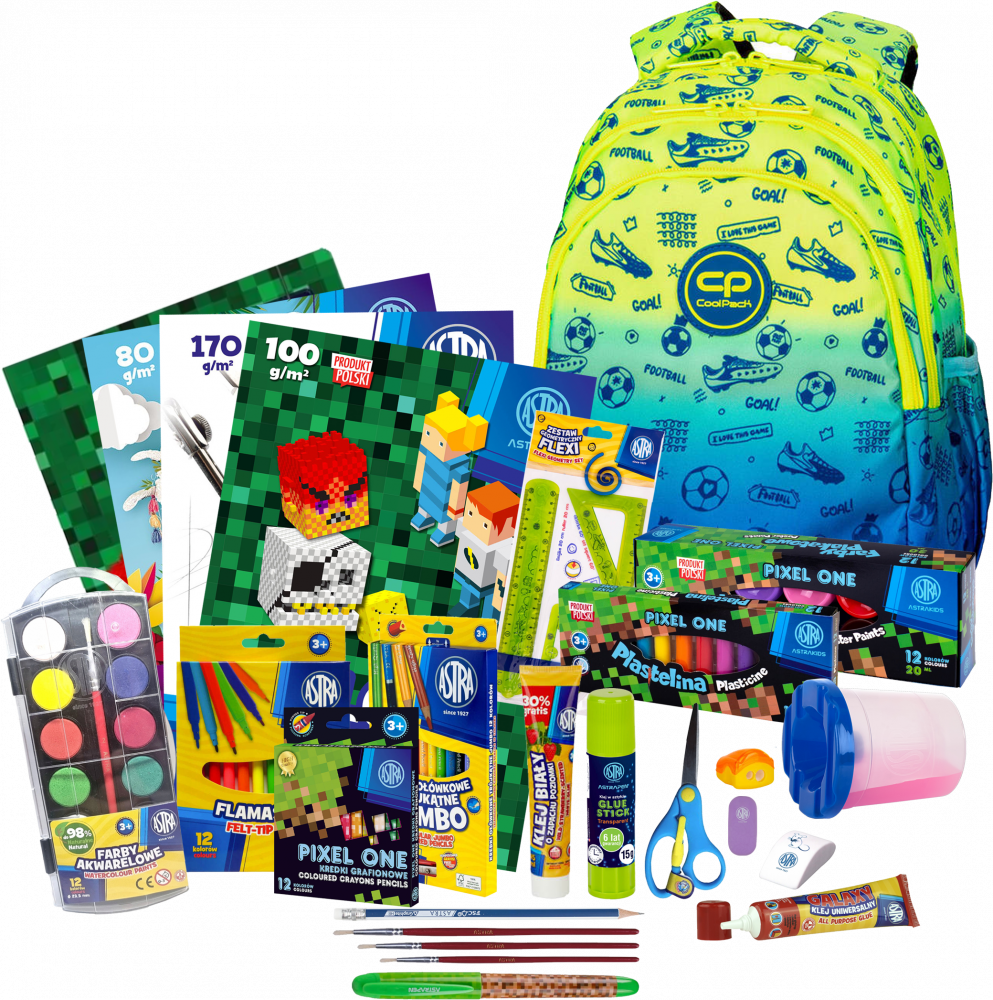 Zestaw: Plecak szkolny CoolPack Jerry Football 2T, trzykomorowy, 21l + Wyprawka szkolna Astra Pixel One (XL), 27 elementów