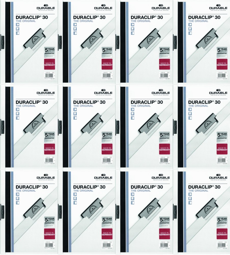 12x Skoroszyt plastikowy z klipsem Durable Duraclip, A4, do 30 kartek biały