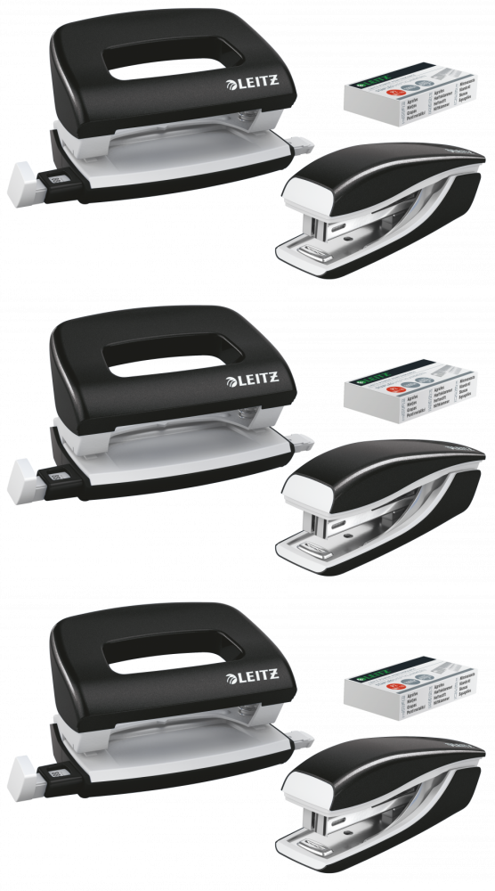 3x Zestaw zszywacz i dziurkacz Leitz Mini NeXXt Wow, metalowy, czarny