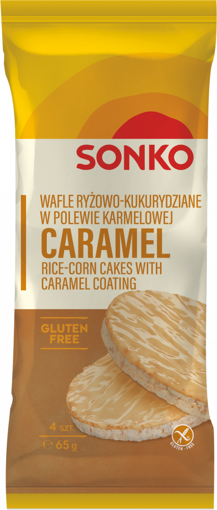 Wafle ryżowo-kukurydziane Sonko, w polewie karmelowej, 4 sztuki, 65g