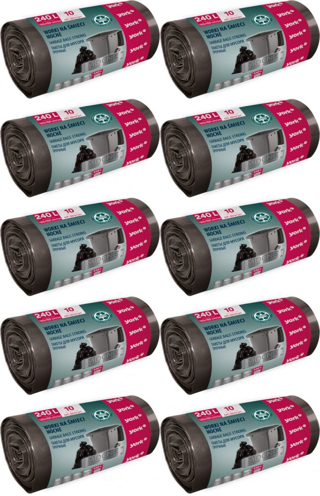 10x Worki na śmieci York Mocne, na odpady zmieszane, 240l, 10 sztuk, czarny