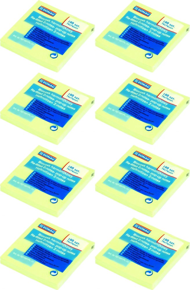 8x Karteczki samoprzylepne typu "Z" Donau, 76x76mm, 100 karteczek, żółty pastelowy