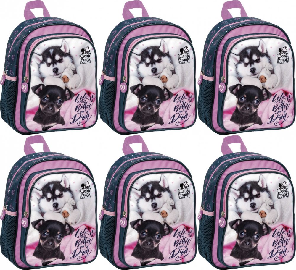 6x Plecak dla przedszkolaka Derform Cleo&Frank 38 (Pies), jednokomorowy, 9l, 29x23x14cm, granatowy