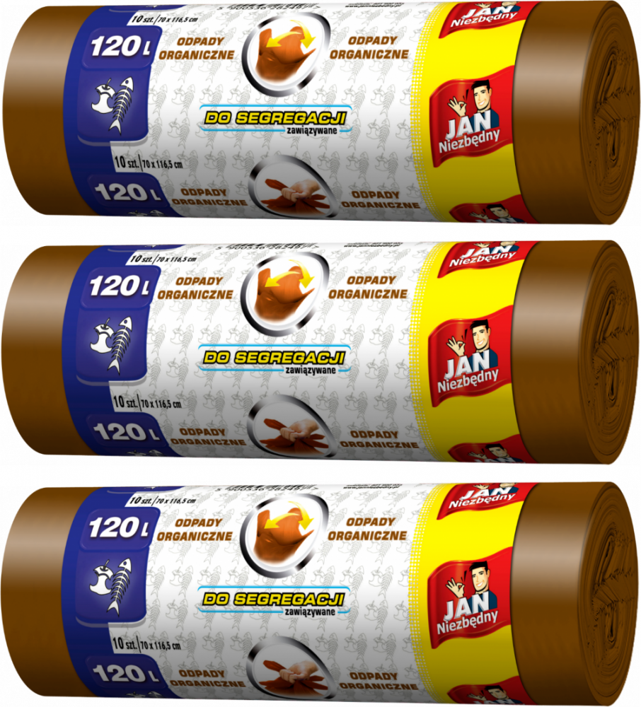 3x Worki na śmieci Jan Niezbędny, na odpady BIO, 120l, 10 sztuk, brązowy