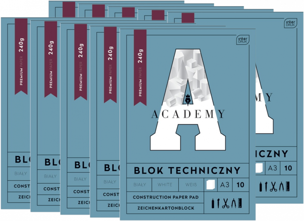 10x Blok techniczny Interdruk Academy, A3, 10 kartek, biały