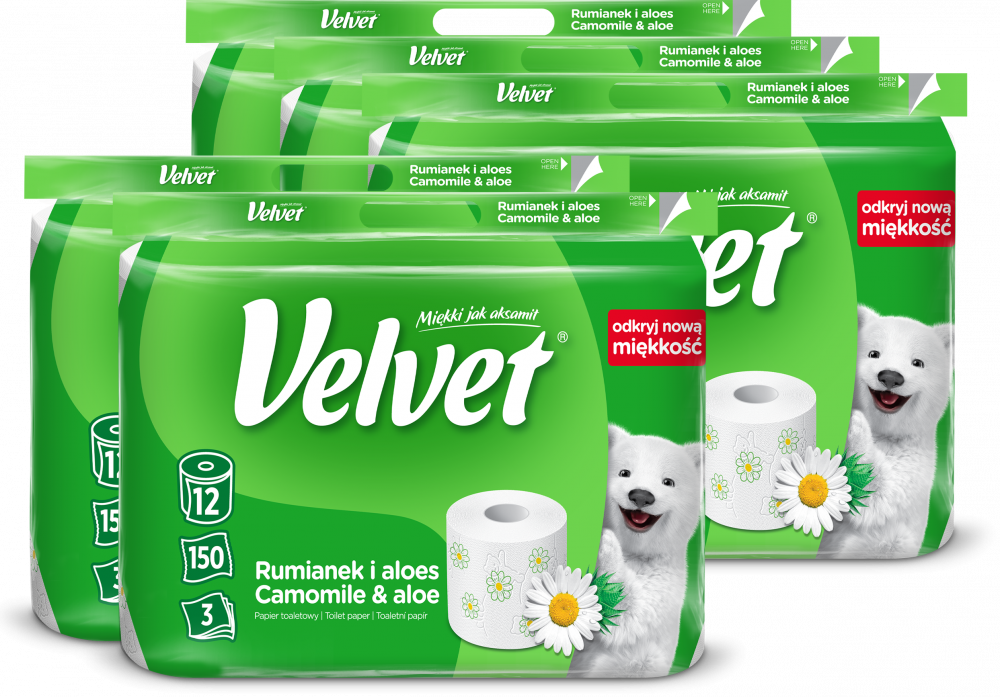 5x Papier toaletowy Velvet Rumianek i Aloes, 3-warstwowy, 12 rolek, biały
