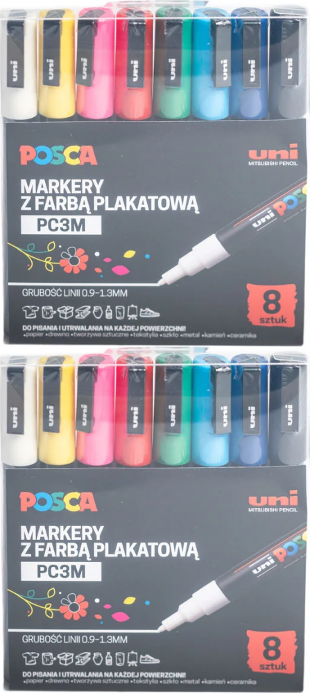 2x Marker Posca PC-3M, z farbą plakatową, okrągła, 8 sztuk, mix kolorów