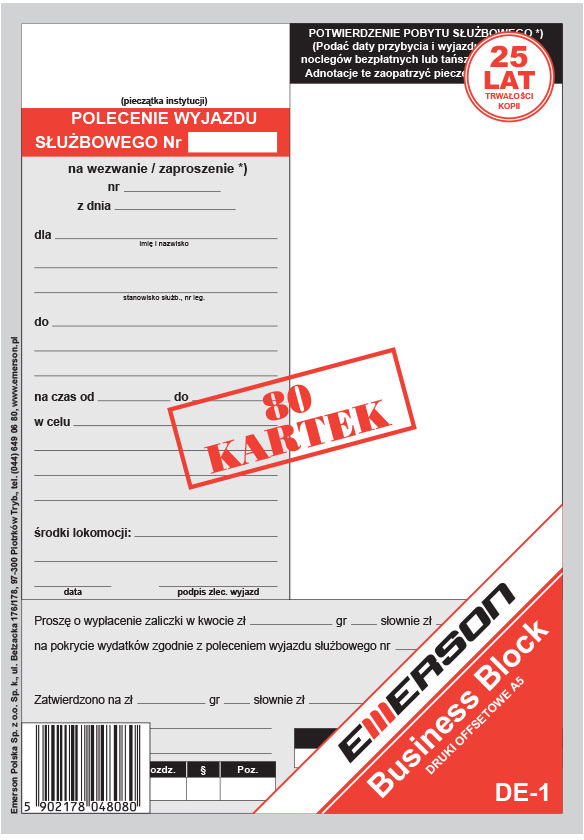 Druk akcydensowy Delegacja-polecenie wyjazdu służbowego Emerson DE-1, A5, offsetowy, 80k 1 bloczek