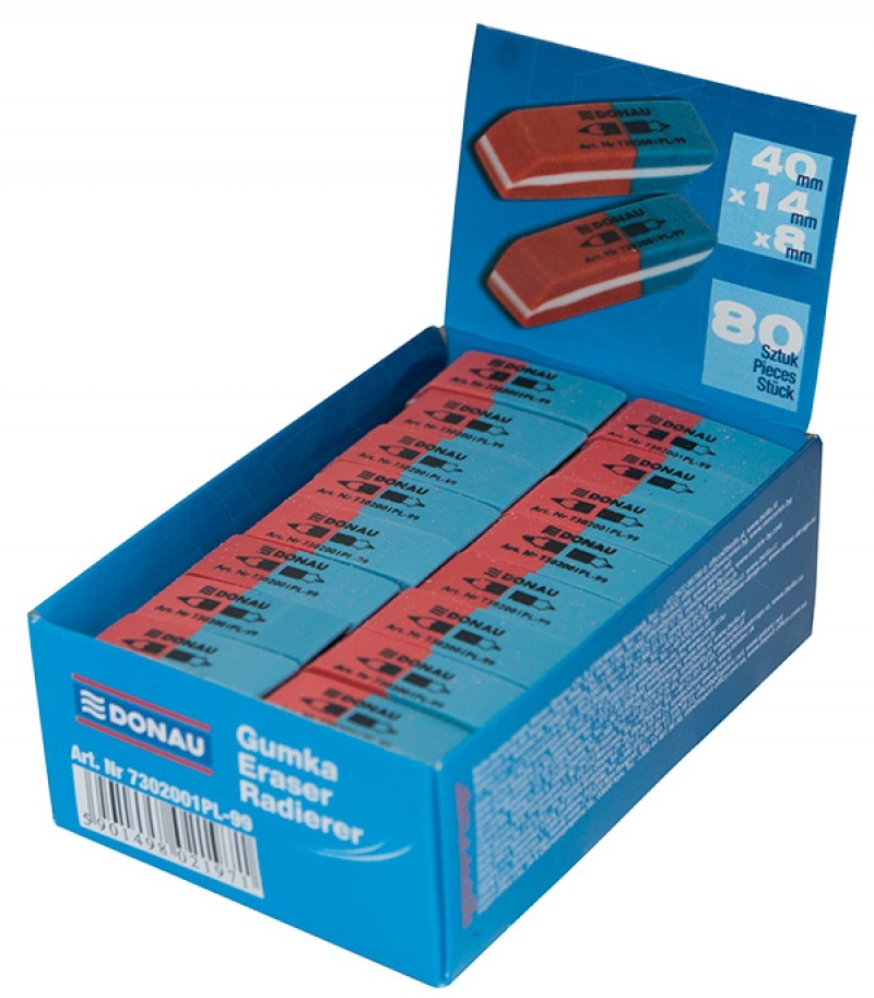 80x Gumka wielofunkcyjna Donau, 40x14x8mm, czerwono-niebieski