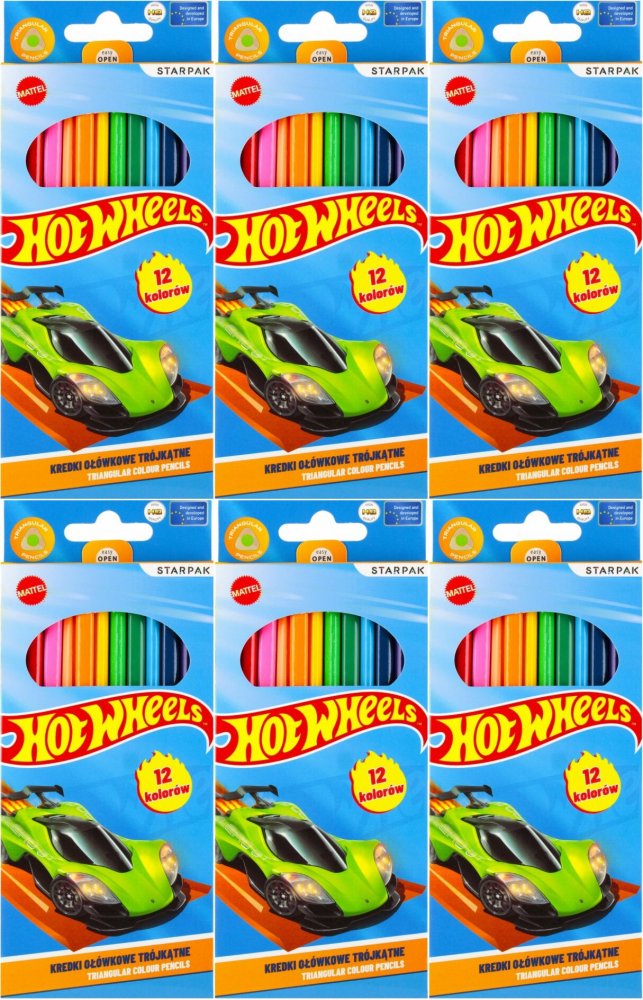 6x Kredki ołówkowe Starpak Hot Wheels, trójkątne, 12 sztuk, mix kolorów