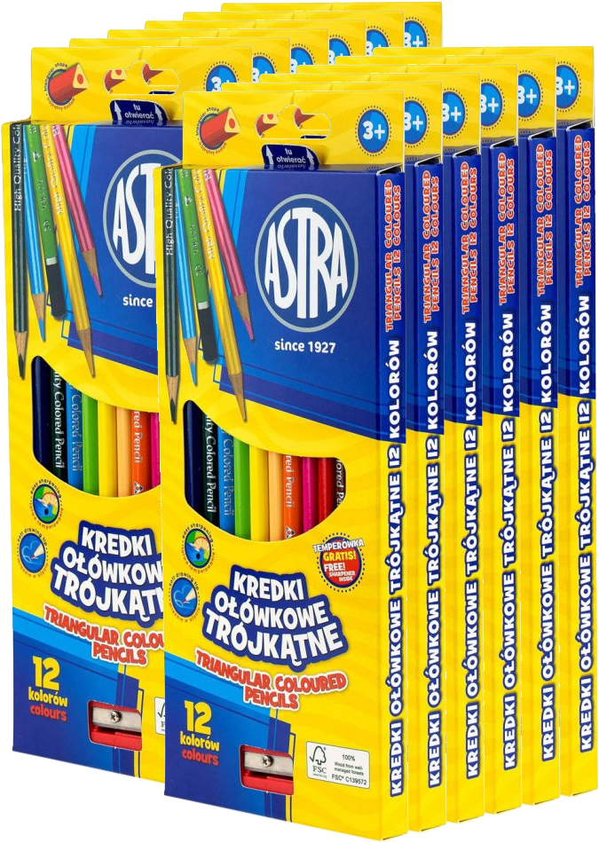 12x Kredki ołówkowe Astra, trójkątne, 12 sztuk+ temperówka, mix kolorów