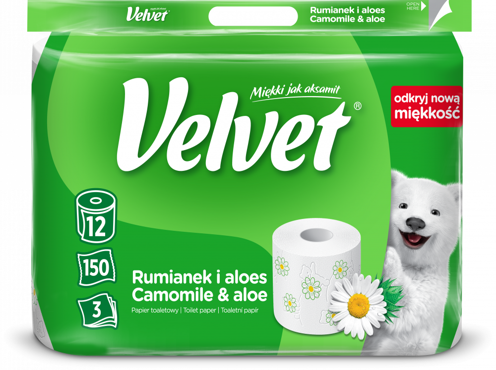 Papier toaletowy Velvet Rumianek i Aloes, 3-warstwowy, 12 rolek, biały