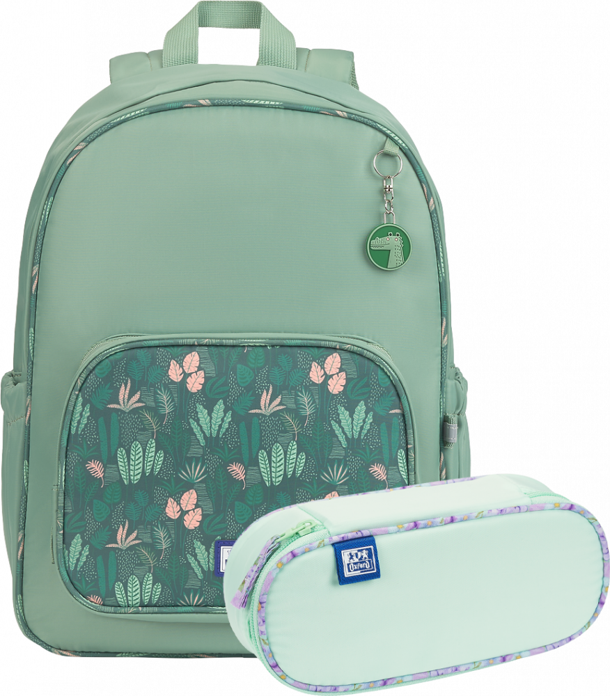 Zestaw: Plecak szkolny Oxford Kids + Piórnik z klapką Oxford Flowers, zielony