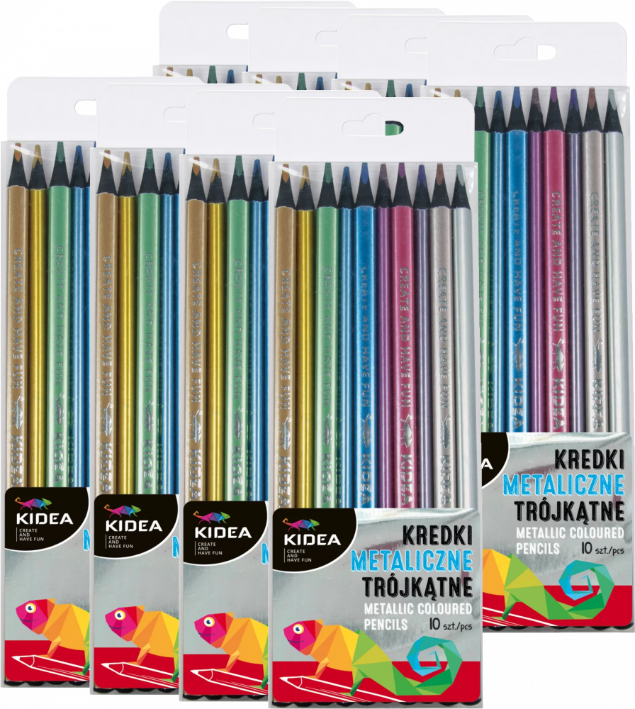 8x Kredki ołówkowe Kidea, trójkątne, 10 sztuk, mix kolorów metalicznych
