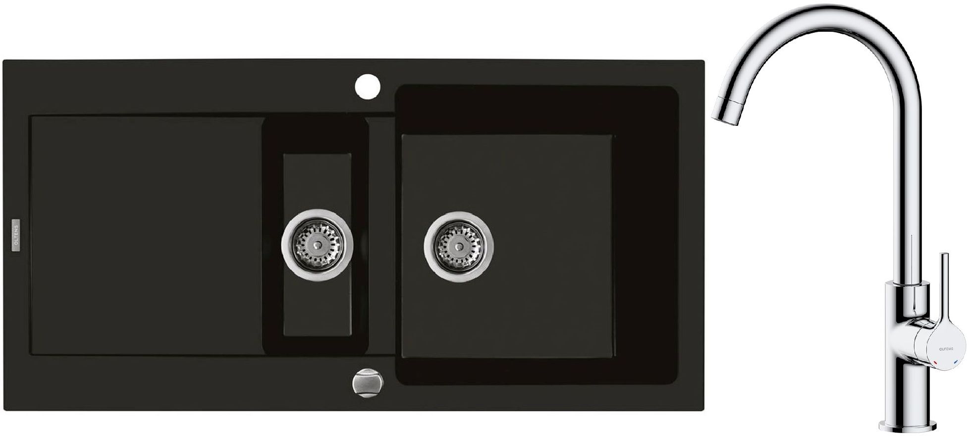 Zestaw Oltens Gravan zlewozmywak granitowy 1,5-komorowy 100x50 cm z baterią kuchenną Skafta czarny mat/chrom (72300300, 35206100) - Wysyłka w 24h