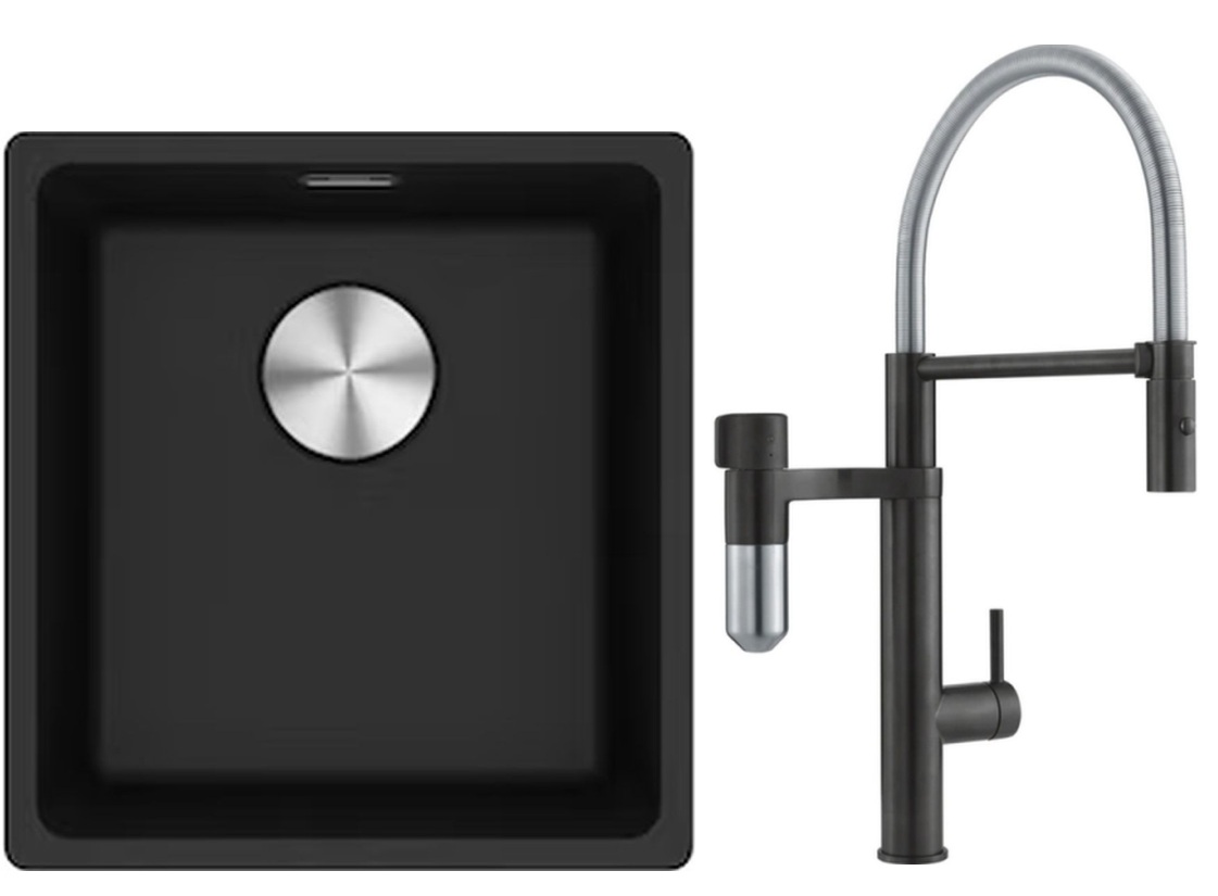 Franke Maris MRG 110-37 zlewozmywak 40x37 cm Fragranite onyx z baterią kuchenną Vital Semi-Pro czarny mat/stal (1250687249, 1200621313)