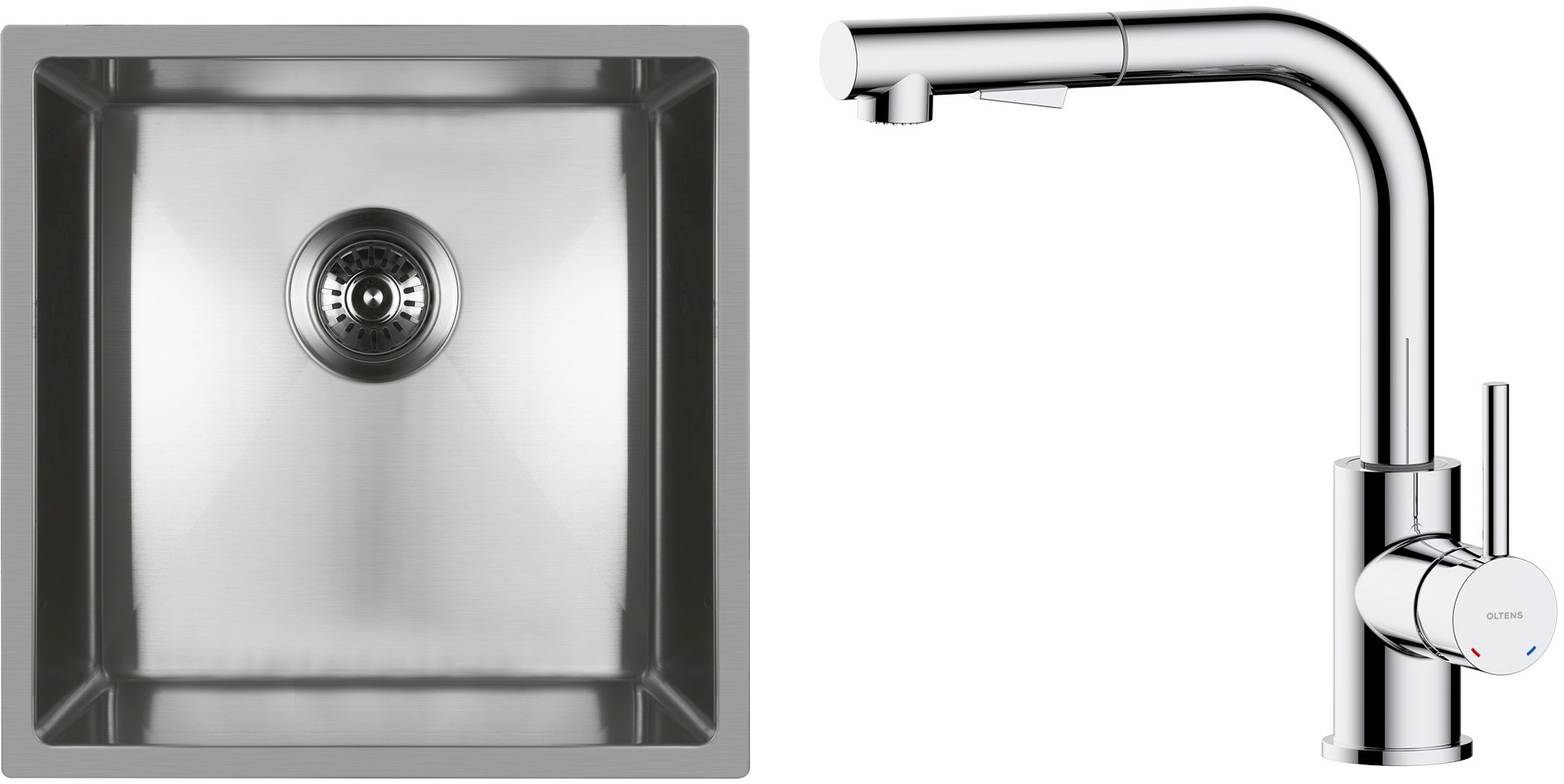Zestaw Oltens Stalvask zlewozmywak stalowy 44x44 cm z baterią kuchenną Myvat stal polerowana/chrom (71100100, 35205100) - Wysyłka w 24h